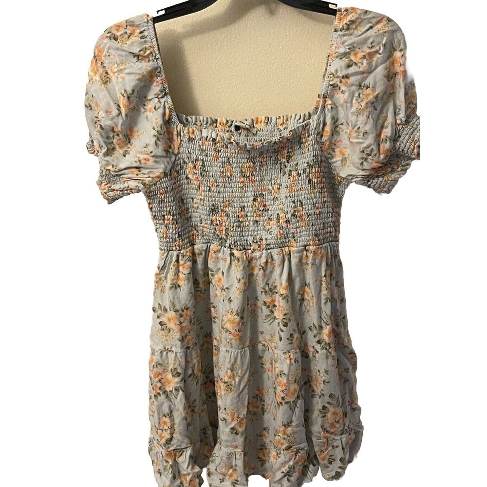 AMERICAN EAGLE BOHO Smocked Floral Tiered Slip On Mini Dress Sz M Blue Floral